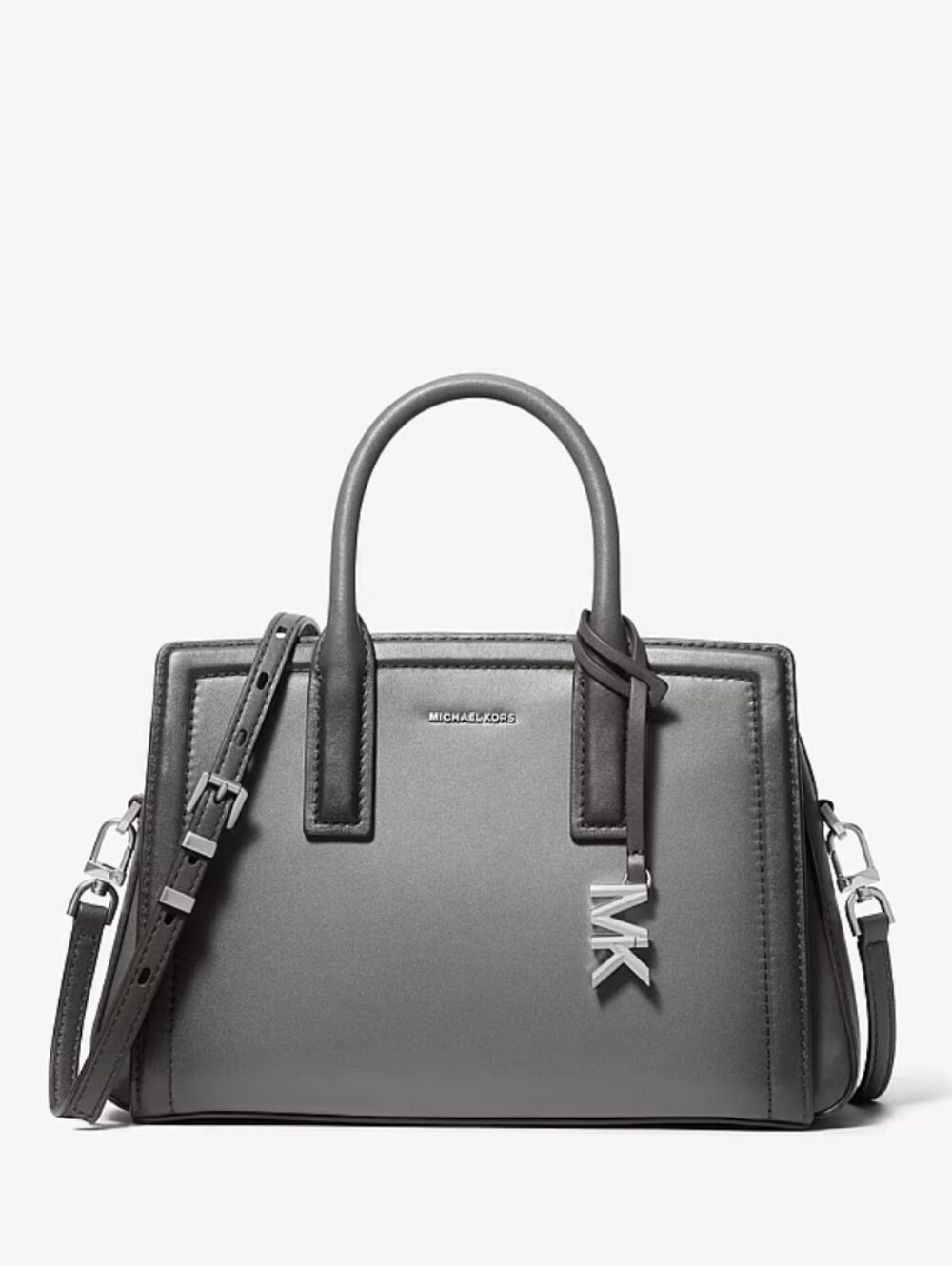 Michael Kors Silver Gray Leather Satchel with MK Charm